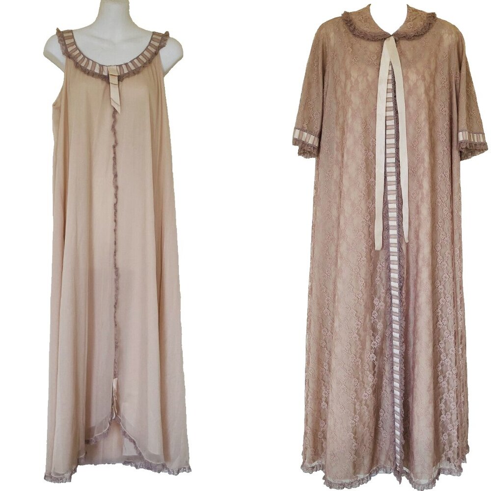 Miss Glamour Nightgown & Robe Set Vintage 1960s Nylon Lace w/ Satin Ribbon Sm-Lg